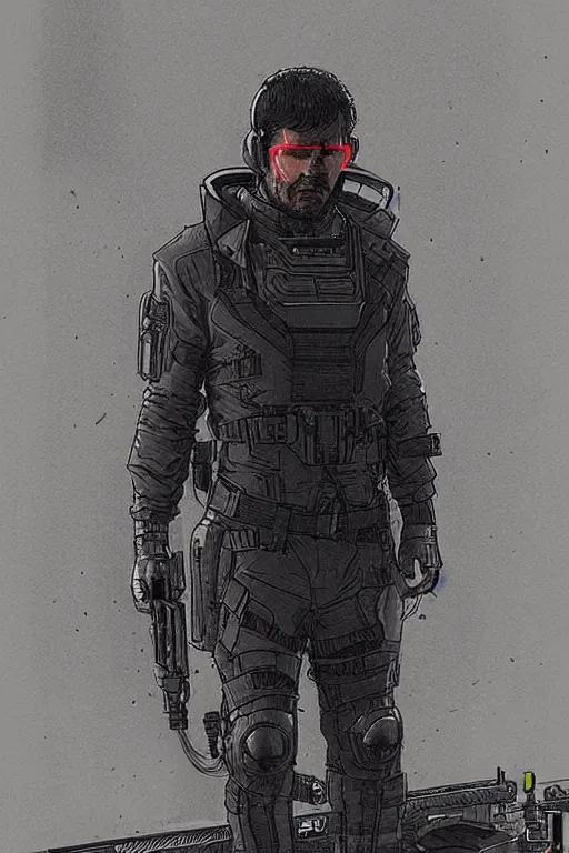 Prompt: hector. blackops spy in near future tactical gear, stealth suit, and cyberpunk headset. Blade Runner 2049. concept art by James Gurney and Mœbius.