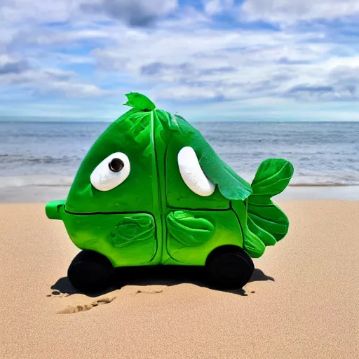 Prompt: cabbage car with brussels sprouts wheels having fun at the beach