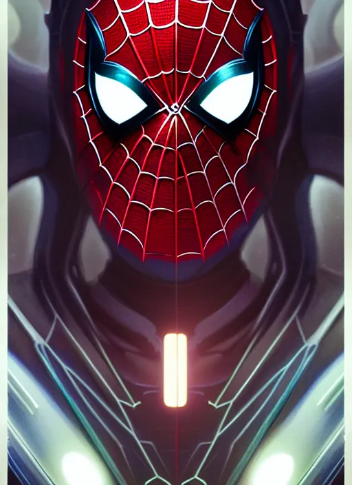 Image similar to symmetry!! portrait of spiderman, sci - fi, tech wear, glowing lights!! intricate, elegant, highly detailed, digital painting, artstation, concept art, smooth, sharp focus, illustration, art by artgerm and greg rutkowski and alphonse mucha