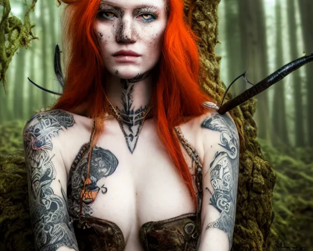 Image similar to 5 5 mm portrait photo of an armored gorgeous anesthetic redhead woman warrior with a face tattoo and lamb horns growing from her head, in a magical forest in the style of stefan kostic, art by luis royo. highly detailed 8 k. intricate. lifelike. soft light. nikon d 8 5 0. cinematic post - processing