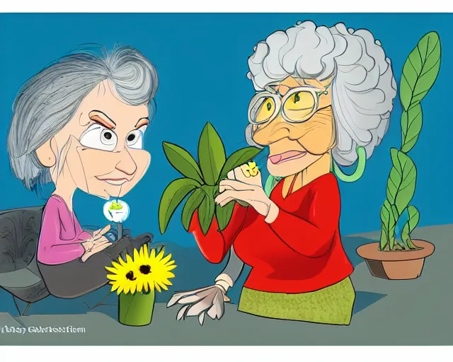 Prompt: cartoon of a nice old lady and her plant cat, pixar, sharp high quality
