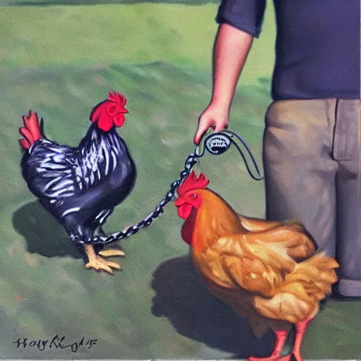 Prompt: chickens owning a human pet, human on leash, chicken is holding the leash, oil painting, hyper realistic,