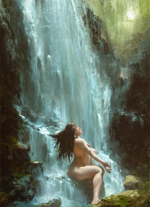 Image similar to painting of a goddess showering in a waterfall, veiled in mist, with her robes folded and set on a rock in the foreground, detailed, stylized, loose brush strokes, pastel colors, blue and green hues, by Jeremy Mann, intricate, beautiful