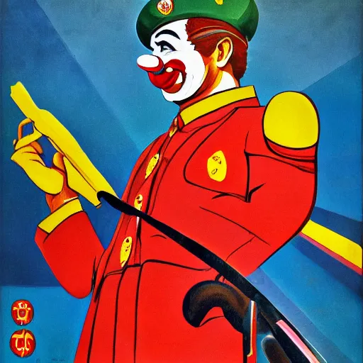 Prompt: communist clown painting, soviet propaganda, vivid colors, poster art style, detailed image