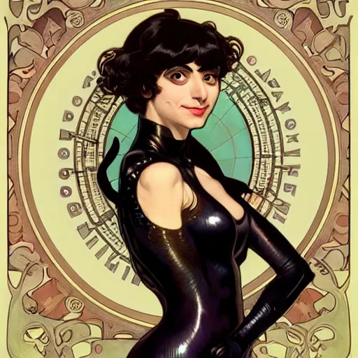 Image similar to kate micucci as catwoman, fantasy, d & d, intricate, detailed, by by alphonse mucha, adolfo hohenstein, alice russell glenny, stanley artgerm lau, greg rutkowski, detailed, trending on artstation, trending on artstation, smooth