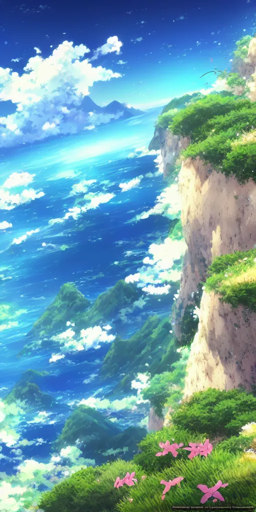 Image similar to A beautiful anime illustration of an ocean coast, cliffs, wildflowers, breathtaking clouds, wide angle, by wu daozi, qiu ying, tang yin, very detailed, deviantart, 4k vertical wallpaper, tropical, colorful, airy, anime illustration, anime nature wallpap
