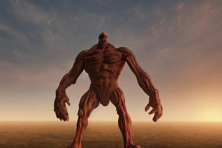 Prompt: a giant horrific titan in the distance, made of flesh and muscles, 3 d render, blender,