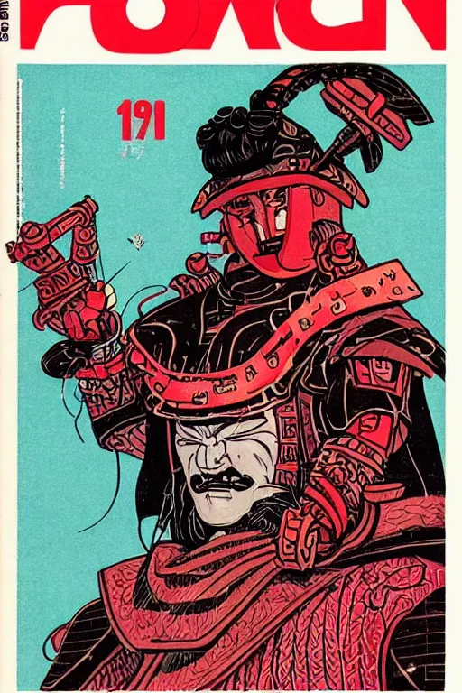 Image similar to 1 9 7 9 omni magazine cover of hiroyuki sanada in a samurai hat and oni mask. simple stylized cyberpunk photo by josan gonzalez.