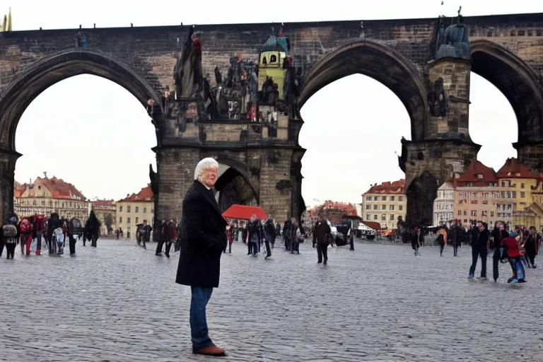 Prompt: richard gere plays iron man flies over charles bridge in prague, epic scene from marvel movie, movie still