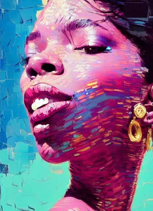 Prompt: portrait of a beautiful black woman, smiling, ecstatic, dancing, eyes closed, open mouth, shades of pink and blue, beautiful face, rule of thirds, intricate outfit, spotlight, by greg rutkowski, by jeremy mann, by francoise nielly, by van gogh, digital painting