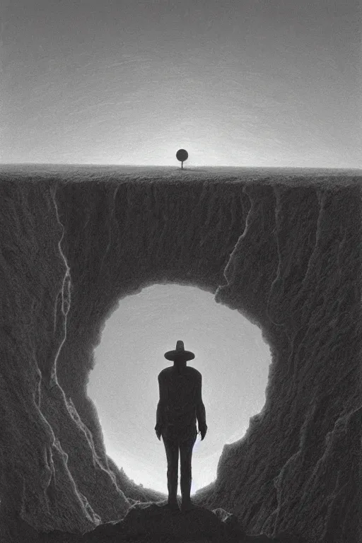 Prompt: a solitary person looking at a giant hole that nobody dare enter, monolithic, foreboding, ominous, doom, desolate moonscape, luna - core, crater, mist, marc simonetti, david lynch, zdzisław beksinski