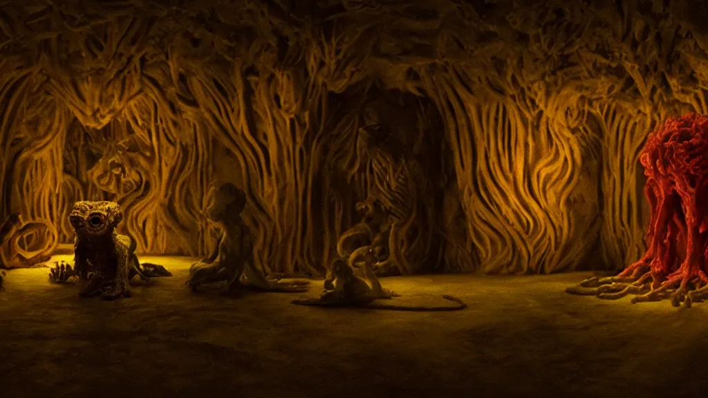 Image similar to the creature in the basement, made of glowing wax and ceramic, surrounded by animals, film still from the movie directed by denis villeneuve and david cronenberg with art direction by salvador dali and zdzisław beksinski, wide lens