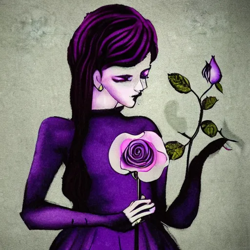 Prompt: a gothic girl holding a purple rose and looking at it, artistic,