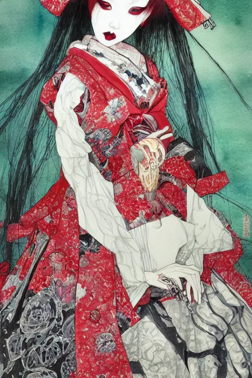 Image similar to watercolor painting of an avant - garde japanese bjd geisha vampire queen in a victorian lolita fashion red dress in the style of lovecraftian horror painted by yoshitaka amano, takato yamamoto, ayami kojima, dmt art, symmetrical vogue face portrait, intricate detail, artstation, cgsociety, artgerm, rococo