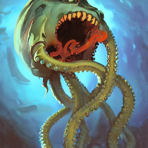 Image similar to Underwater Tentacle Pandomonium;Art by Greg Manchess, Art Direction by Jeremy Jarvis; painting spiraling inward; Deep sea horror; teeth and eyes; illustration