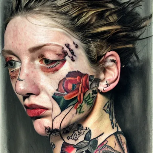 Image similar to high quality high detail painting by lucian freud, hd, exaggerated portrait of punk tattooed girl, photorealistic lighting