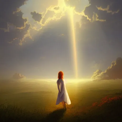 Image similar to a beautiful painting of a woman in a white cotton dress pondering life as she watches the sun set, nature, deviantart, fantasy art, sunrays shine upon it, deviantart, mystical, art style by claude joseph vernet and beeple