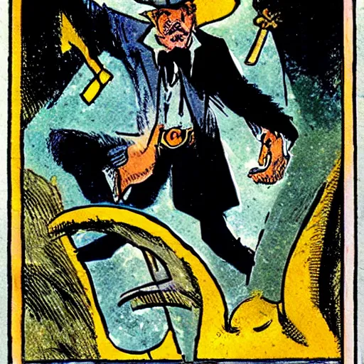 Prompt: the tarot card of the magician painted by will eisner.