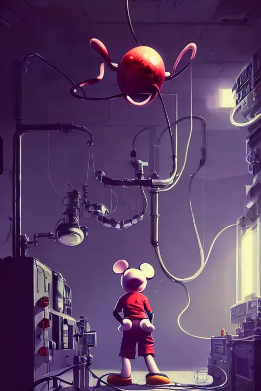 Image similar to mechanics scientist in lab facility looking at bloody mickey mouse head lifted by claw,, made by beeple, cgsociety, artgerm, greg rutkowski, highly detailed intricate 4 k art, low light cinematic, octane render, unreal engine, smooth concept art