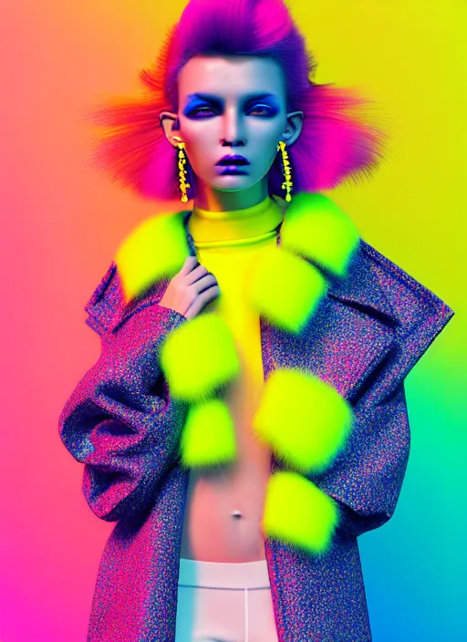 Prompt: coat for a rave, hairstyle, earrings, bright soft colors, soft yellow background, many details, prints, photo for a magazine, photo for a store, fashion photography, Vogue, 135 mm, cinematic, hyper realism, high detail, octane render, 8k, chrome accents, very coherent symmetrical artwork, perfect face model, Soft light, Reduced contrast, soft colors