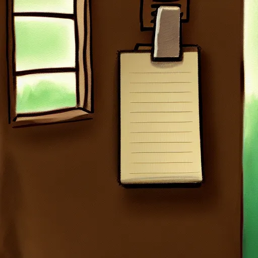 Prompt: a painting of a notepad that is also a door to a cottage in the woods, trending on artstation, detailed digital art, aesthetic!!!!,