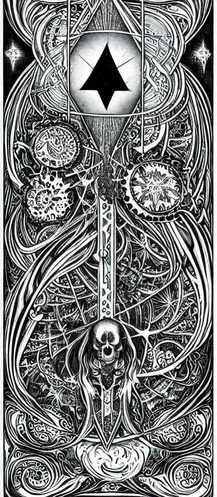Image similar to a beautiful fractal tarot card featuring bold occult imagery with clean lines. skullpunk demon. dimension. haeckel fish and sea creatures. detailed adult coloring book