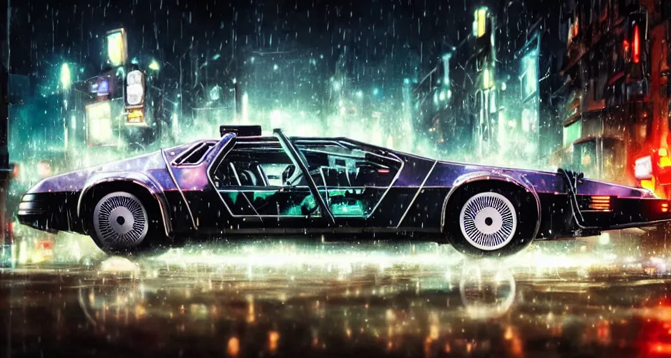 Image similar to a 2 8 mm closeup photo of a tela tron neon delorean back to the future car on wet city street at night, intricate, hyper detailed, smooth, high contrast, neon, volumetric lighting, octane, moebius, greg rutkowski, blade runner, ripley scott, mad max, cindmatic