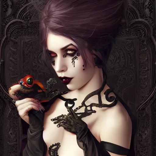 Image similar to attractive goth woman with a frog, intricate, highly detailed, digital painting, artstation, concept art, smooth, sharp focus, illustration, unreal engine 5, 8 k, art by artgerm and greg rutkowski and alphonse mucha