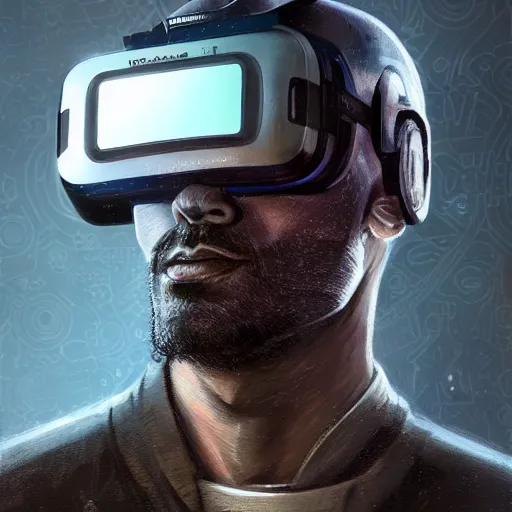 Prompt: Portrait of a man by Greg Rutkowski, symmetrical face, a marine with a helmet, using a VR Headset, Kubric Stare, crooked smile, he's wearing a modern tacitcal gear, highly detailed portrait, scifi, digital painting, artstation, book cover, cyberpunk, concept art, smooth, sharp foccus ilustration, Artstation HQ