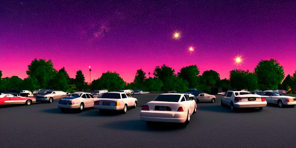 Prompt: a drive in movie theater with row of parked cars, detailed, volumetric lighting, starry night, dusk