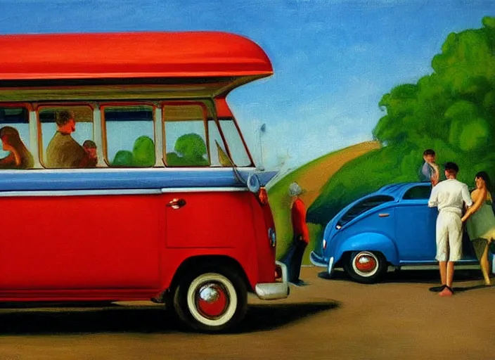 Image similar to detailed painting two young men and women in front of blue vw bus by edward hopper, bernardo bertolucci dreamers movie scene