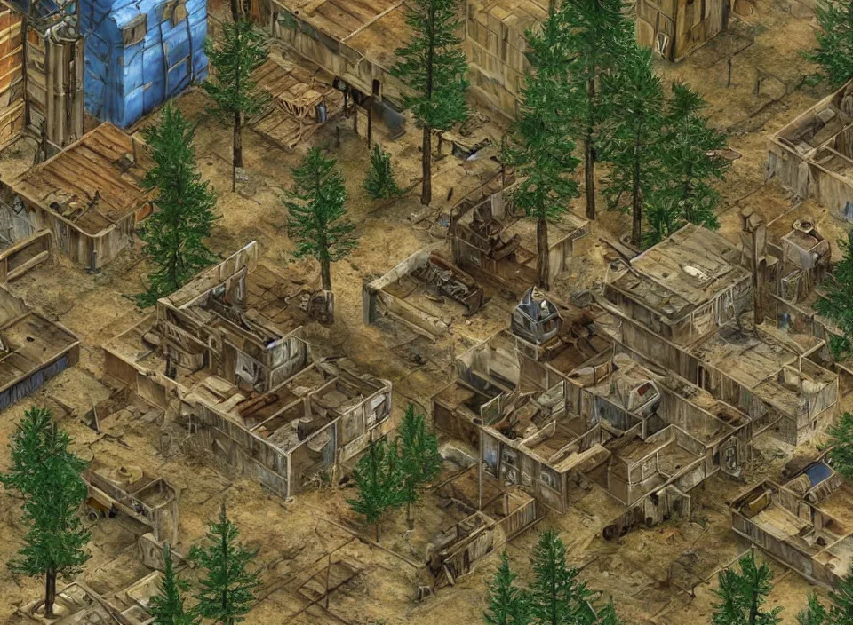 Image similar to Screenshot of the outside of an diseased pine forest in Fallout 2 (1998), isometric perspective, postapocalyptic, bird's eye view, prerendered isometric graphics, high quality