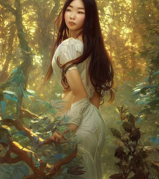 Image similar to beautiful cottagecore Asian woman, intricate, magical forest, stunning, highly detailed, digital painting, artstation, concept art, smooth, sharp, focus, illustration, art by artgerm and greg rutkowski and alphonse mucha