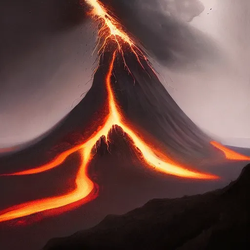 Prompt: still life painting of a staircase to an erupting volcano, by Greg Rutkowski, iceland landscape, dramatic lighting, epic, gargantuan, intricate detail, trending on artstation, 4k, 8k