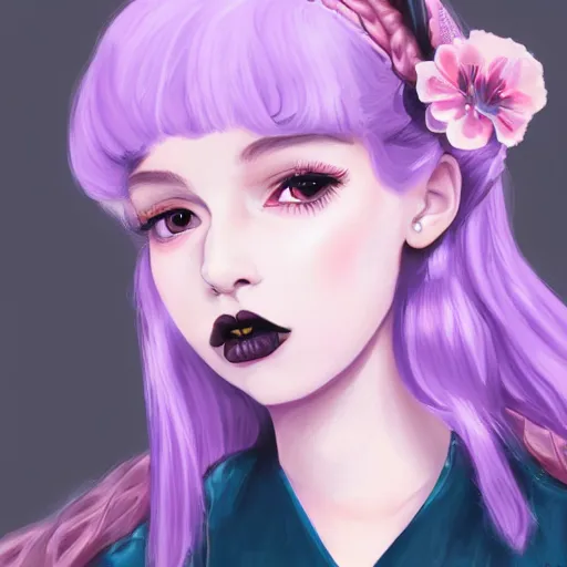 Prompt: a girl wearing lolita clothes, purple lipstick, pigtails, highly detailed, digital painting, artstation, concept art, smooth, sharp focus, illustration