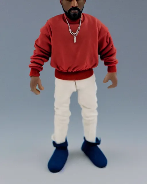 Image similar to 1970s action figure of Kanye West, product photography, plastic toy, white background, isolated background, studio lighting