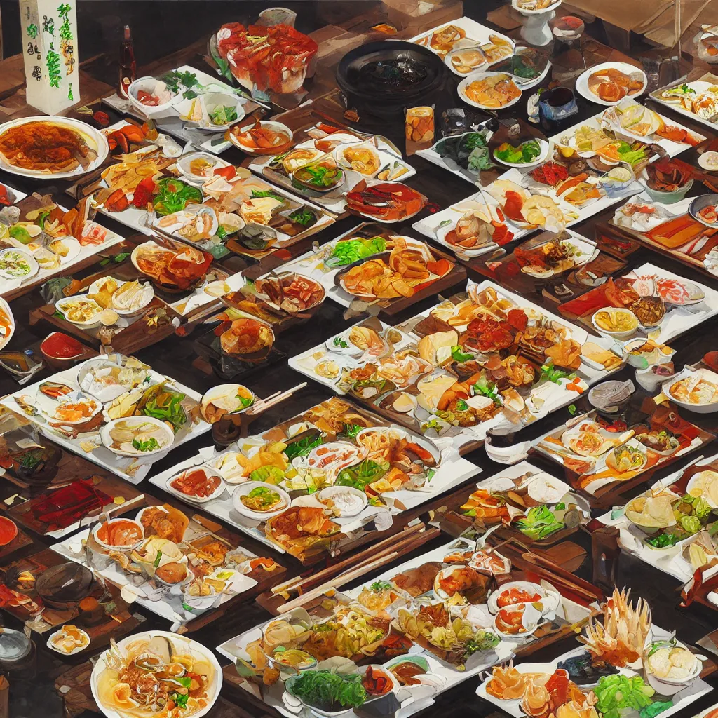 Image similar to a painting of a table full of japanese foods, concept art by taro yamamoto, pixiv contest winner, auto - destructive art, official art, concept art, pixiv