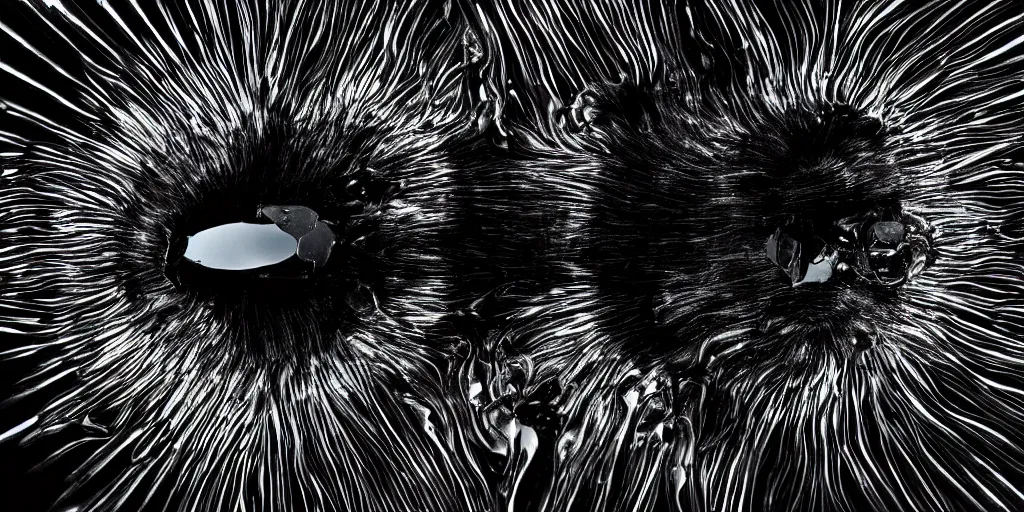 Image similar to the black lioness made of ferrofluid, dripping tar, drooling ferrofluid, crawling out of the air vent. dslr, photography, animal photography, goo, reflections, sticky, melting