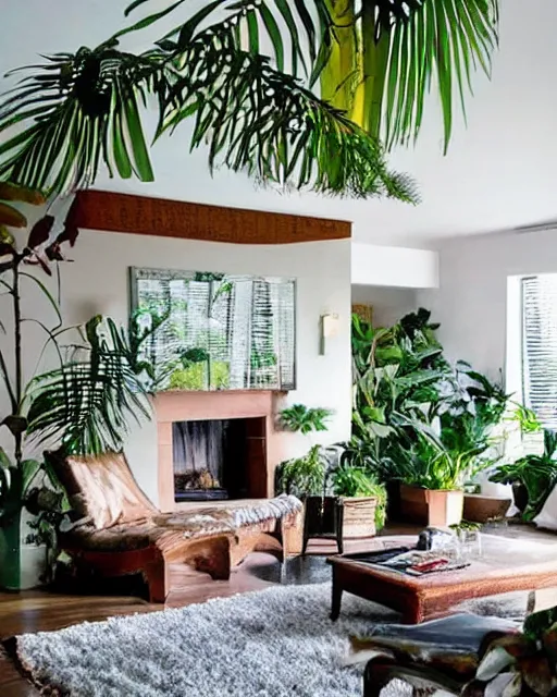 Prompt: cosy living room with fireplace and tropical plants