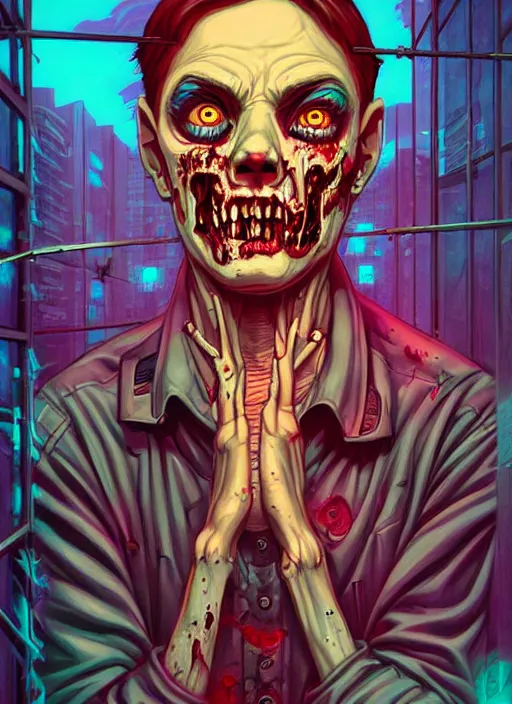 Prompt: zombie in sci fi prison, tristan eaton, victo ngai, artgerm, rhads, ross draws