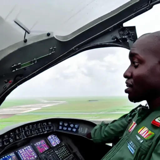 Prompt: a nigerian man sitting in the cockpit of a f - 1 6 with stormy clouds outside the window cinematic action movie 4 k very sharp details - h 7 6 8