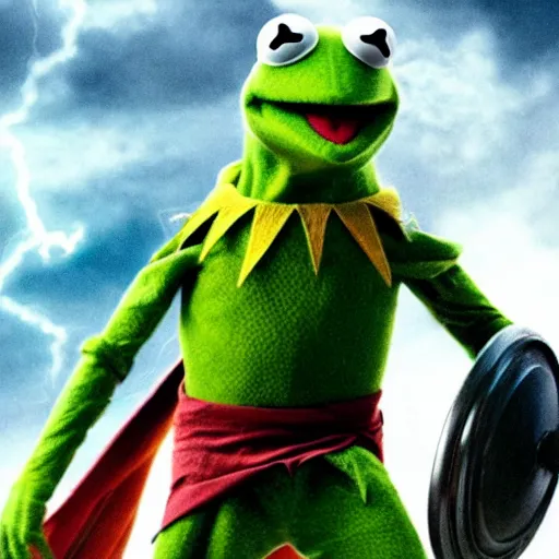 Image similar to photo of Kermit the frog as thor god of thunder in averngers movie