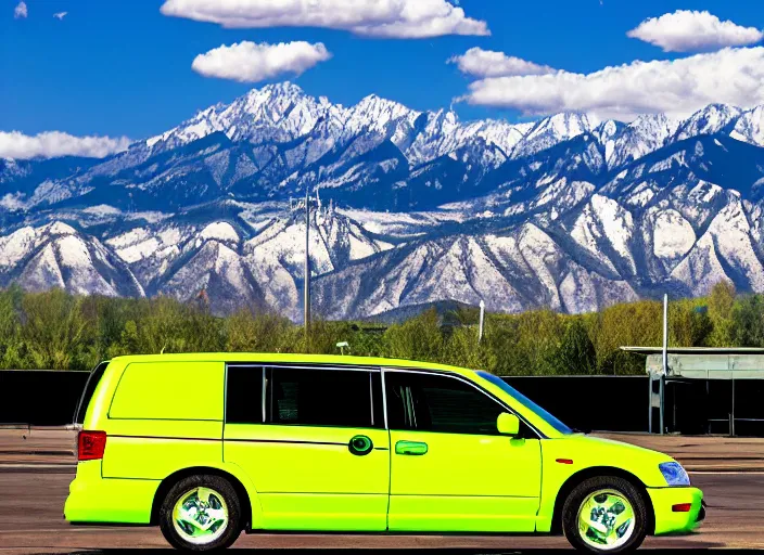 Image similar to lime green dodge caravan in a parking lot with the wasatch mountains in the background, photography, high definition