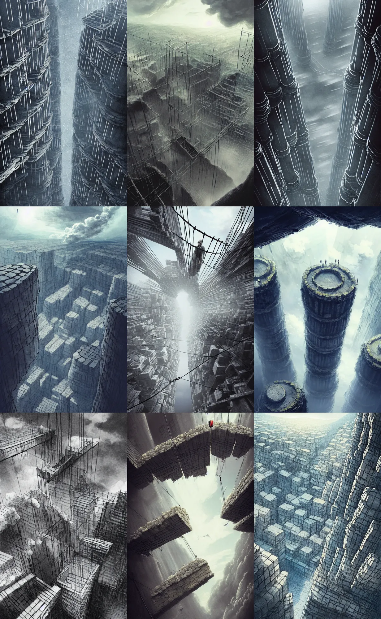 Prompt: round stone columns, looking down from above, vertigo, bottomless void, tall cylindrical towers!! crumbling stone, scaffolding, rubble, makeshift houses, cloth banners, suspended bridge!, hanging bridge!!, huge distance, clouds, illustration by ruan jia!, ( ( dr sues ) ), cold, dramatic lighting