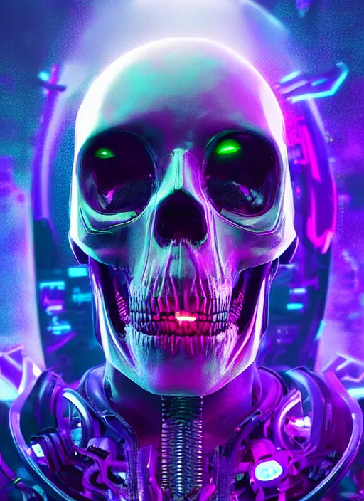 Image similar to a futuristic skull with glowing eyes and a purple background, cyberpunk art by android jones, behance contest winner, computer art, darksynth, synthwave, rendered in cinema 4 d