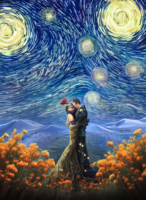 Image similar to An epic fantastic realism comic book style painting of the most beautiful entwined flowers launched across the dark and starry night sky, nebulous bouquets, fisheye lens, unreal 5, DAZ, hyperrealistic, octane render, dynamic lighting