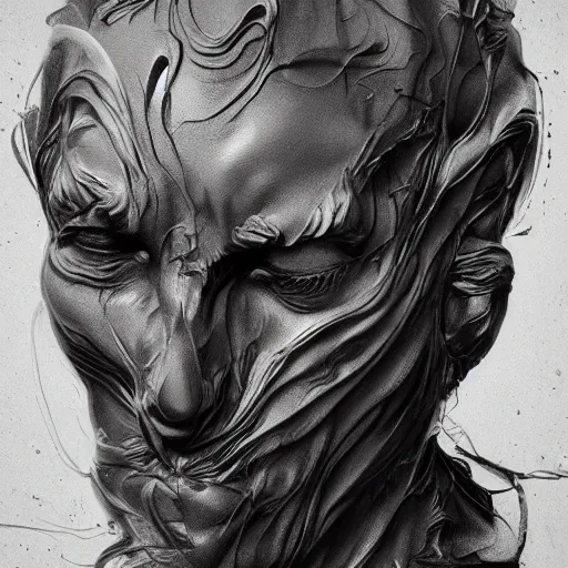 Prompt: charcoal painting of a sculpture with melting face, distorted, abstract, creepy, intricate, elegant, highly detailed, ray tracing, digital painting, artstation, concept art, art by artgerm and greg rutkowski and alphonse mucha, 8 k