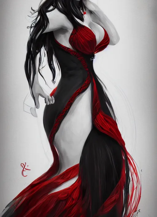 Image similar to a highly detailed illustration of long black hair white woman wearing a red and black dress, dramatic smile pose, intricate, elegant, highly detailed, centered, digital painting, artstation, concept art, smooth, sharp focus, league of legends concept art, WLOP