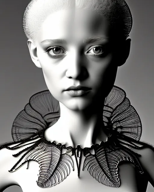 Image similar to bw 3 d render, stunning beautiful young angelic cute biomechanical albino female cyborg with a porcelain profile face, rim light, big leaves and stems, roots, fine foliage lace, alexander mcqueen, art nouveau fashion embroidered collar, steampunk, silver filigree details, hexagonal mesh wire, mandelbrot fractal, elegant, artstation trending