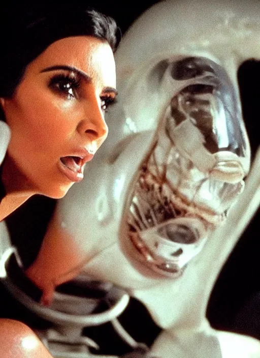 Image similar to movie still of kim kardashian being swallowed by a alien, in the movie alien. goo, saliva, sweat, oily substances.